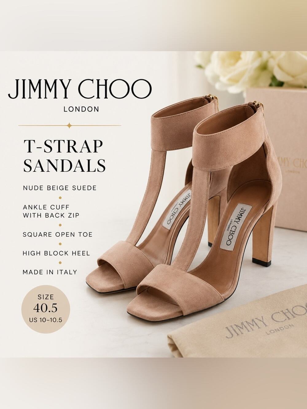 Jimmy Choo Nude Beige Suede T-Strap Ankle Cuff Block Heel Sandals 40.5 US 10